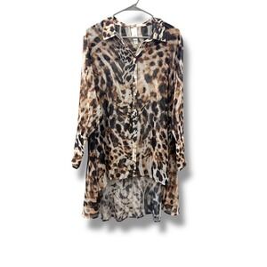 Wynne Layers Animal Print High Low Tunic Women's XL Sheer Button Front